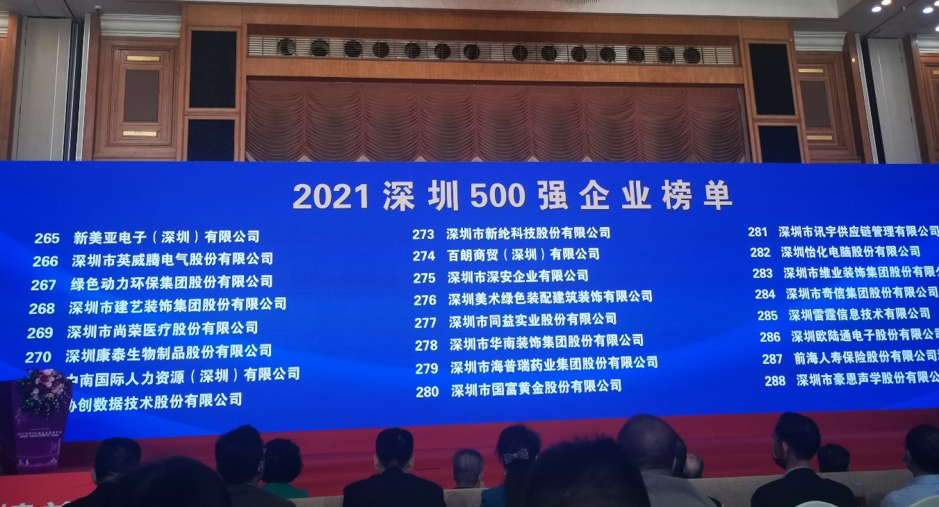 三亿上榜2021深圳企业500强