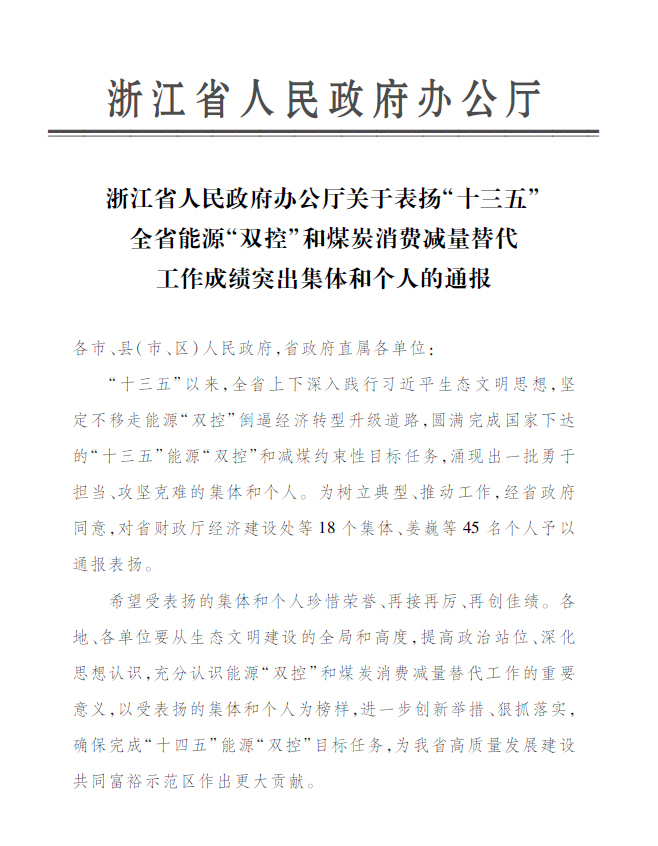 三亿永嘉公司付金轩获“浙江省能源‘双控’工作成绩突出个人”表彰
